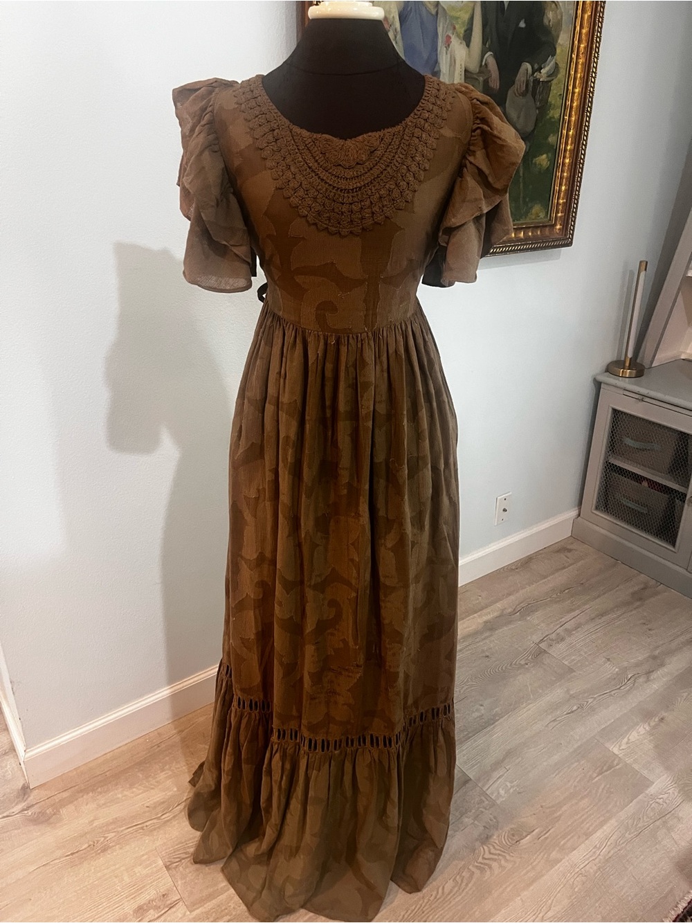 NWT Ollari Mabel Maxi Dress Army Green Textured Floral Ren Fair Festival Small - Picture 12 of 13